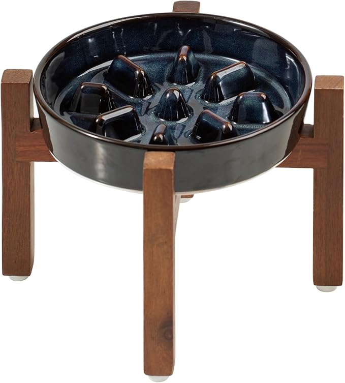 Ceramic 1.2 Cup Dog Raised Slow Feeder Set, Elevated Bowl with Wooden Stand for Medium and Small Dog, 7.3inch Slow Feeder Dish for Fast Easters (Starry Sky, Single Bowl+ Stand)