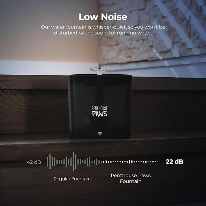 Penthouse Paws Smart Cat Water Fountain 2.2L, App Controlled Automatic Water Dispenser, Ultra Quiet Pump, 5-Stage Filter, Whisker Friendly Bowl, for Cat & Dog, Black