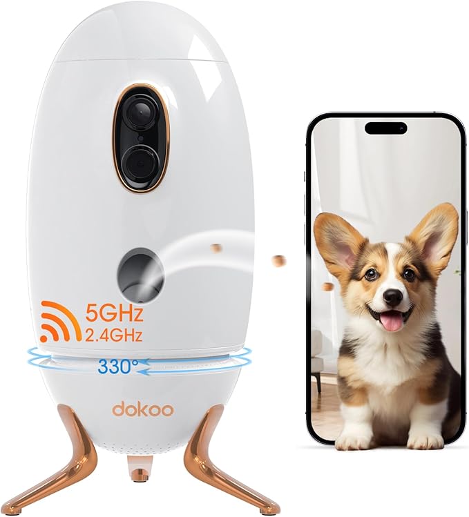Dog Camera with Treat Dispenser, 2K 330° View Pet Monitor with Phone App, Night Vision, 2.4 &5G WiFi, Interactive 2-Way Audio Speaker, Motion Detection, Smart Home Indoor Cam, No Subscription Fee