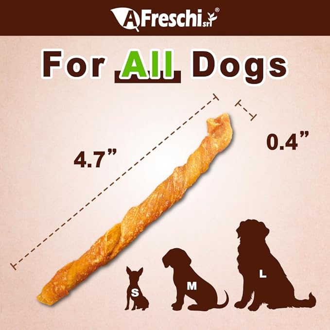 AFreschi Turkey Tendons for Dogs, USA-Sourced, Healthy Dog Treats, Rawhide-Free Puppy Chews, All Natural, Hypoallergenic Dog Treats, Classic Series, Turkey Tendon Wrapped Chicken Stick, 3.5 oz Pack