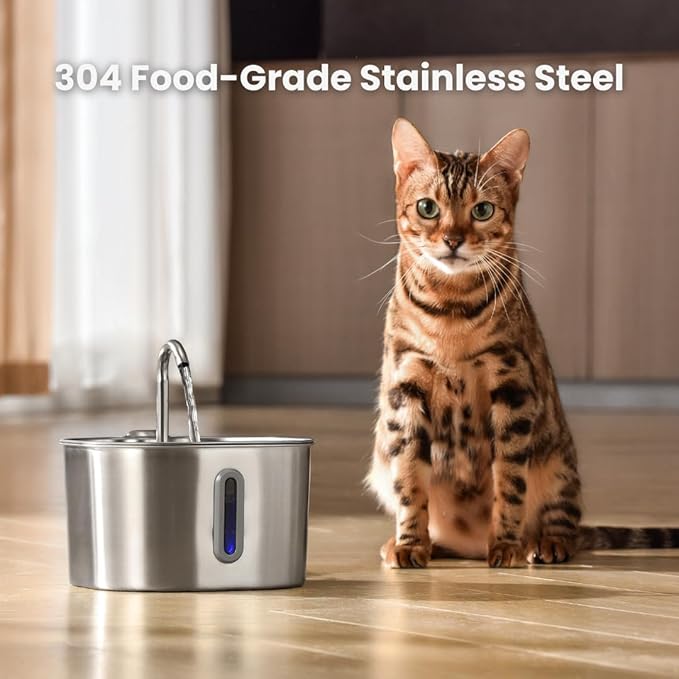 Stainless Steel Cat Water Fountain Automatic Drinking Fountain, Quiet Circulating Water Bowl, Dishwasher Safe, Indoor Pet Fountain for Hydrated Healthy Cats (Stainless Steel, 2.2L Corded)