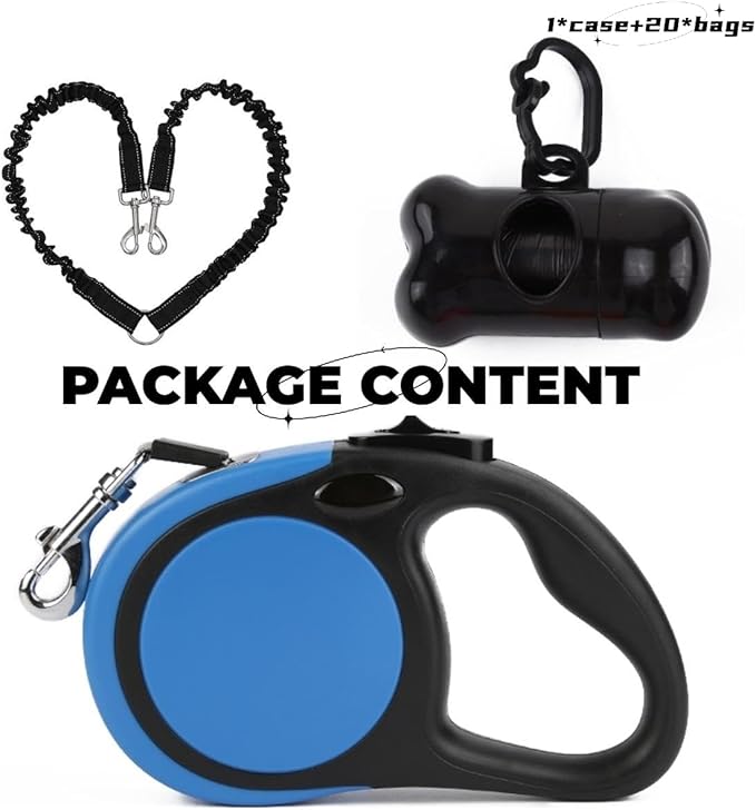 Dual Retractable Dog Leash Small Breed (Up to 44 Lbs Each) - Double Headed 16 ft Extendable Pet Leash with Poop Bags, Non Slip Grip - One Button Break & Lock, 360° Tangle-Free (Blue, Medium)