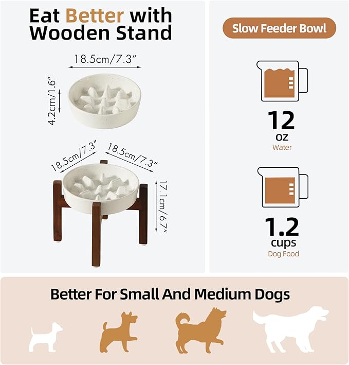 Ceramic 1.2 Cup Dog Raised Slow Feeder Set, Elevated Bowl with Wooden Stand for Medium and Small Dog, 7.3inch Slow Feeder Dish for Fast Easters(1 Bowl & Stand, Vanilla White)