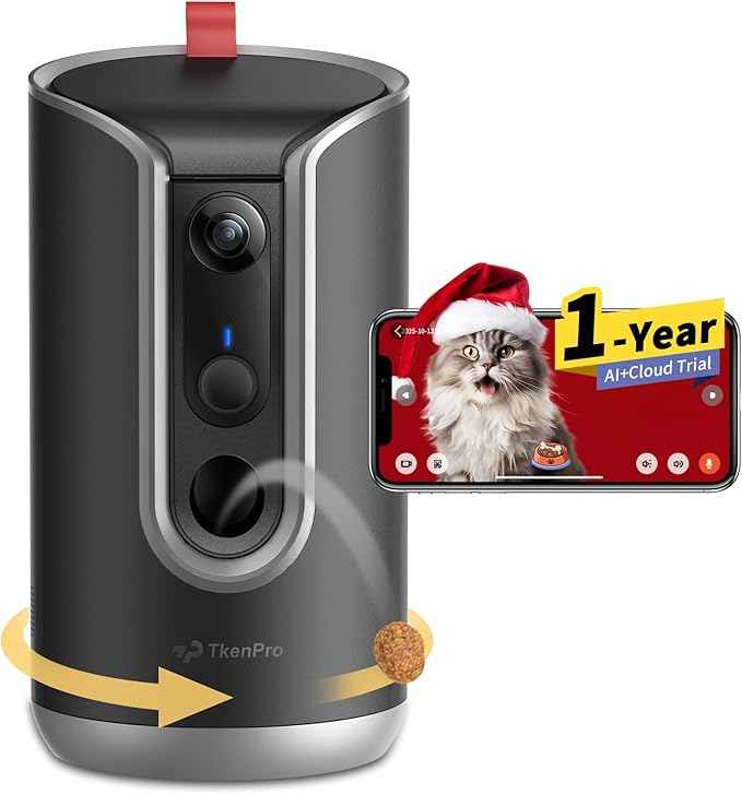 Pet Camera Treat Dispenser [1-Year Trial: Cloud + AI Features Included], 2K Dog & Cat Cam, Remote Treat Tossing, 360° Auto Tracking, 5G/2.4G WiFi Compatible, 2-Way Talk, Motion Alerts Indoor