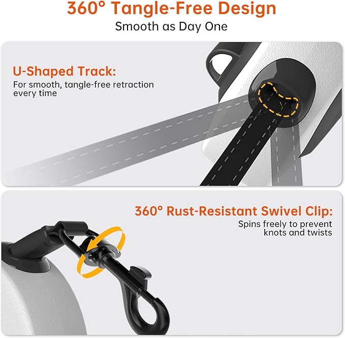 16Ft Retractable Dog Leash with LED Light, Heavy Duty Dog Leash for Small, Medium & Large Dogs Up to 66lbs, 360° Tangle-Free, Dispenser and Poop Bags