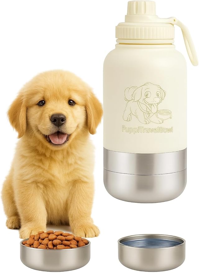 PuppyTravelBowl 3-in-1 Portable Dog Water & Food Bottle, 32oz Leak-Proof Travel Bowl for Pets – Ivory