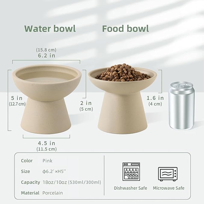 2 Elevated Cat Bowls Extra Wide for Food & Water – Whisker Fatigue, Ceramic Wide Shallow Food Dish, Lead & Cadmium Free, Raised Height for Cats, Pottery Clay