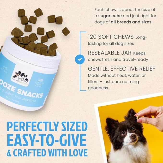 3 Paws Kitchen Snooze Snacks - Calming Chews for Dogs with Melatonin, Chamomile, and Valerian Root - Dog Anxiety Relief Supplement - 120 Soft Chews - Natural, Vet-Approved - Made in USA