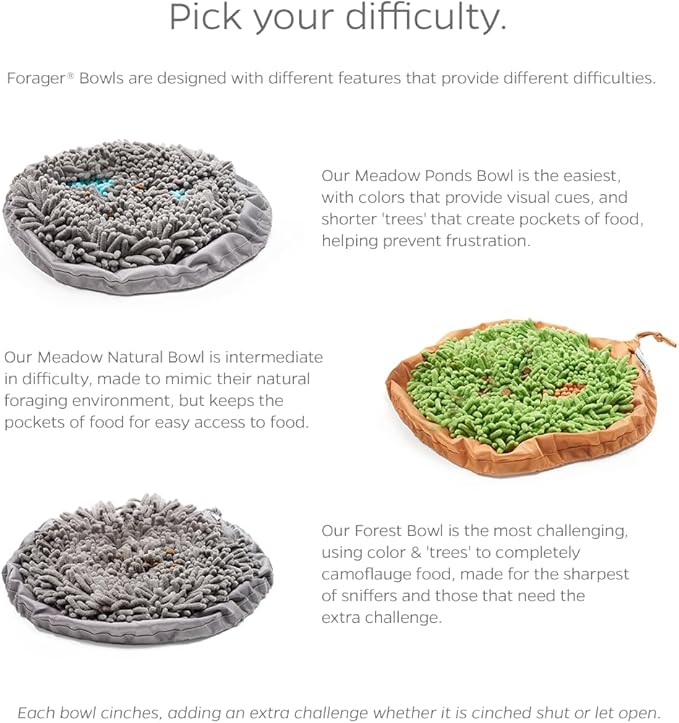 Pet Parents Forager Bowls, Slow Feeder Dog & Cat Bowls with SoftSnout™ & Non-Slip Backing, Portable Pet Puzzle Toys & Snuffle Mats, 30 oz, Modern Grey (Meadow Ponds)