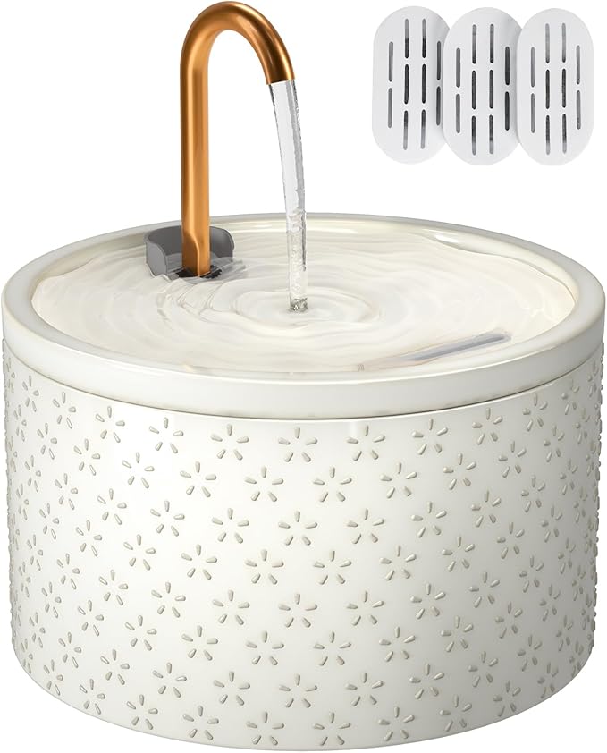 Ceramic Cat Water Fountain - 2.1L/71oz - Firework Embossed All-Ceramic Body & Pure Copper Spout - Non-Toxic & Automatic Pet Drinking Fountain Indoor with Ultra-Quiet Pump, 3 Filters & Sponge