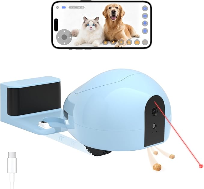 Pet Camera Robot with Treat Dispenser & Laser Toy, Motion Detection, HD Video, Night Vision, 2-Way Audio, Mobile Feeder for Cats & Dogs, App Control & Auto, AI Push with Subscription