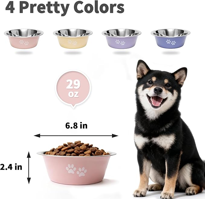 [4 Pack] Stainless Steel Dog Bowls, Metal Dog Food and Water Bowl with Non-Slip Quiet Bottom, Easy to Clean, Dishwasher Safe, Ideal for Medium Small Dogs