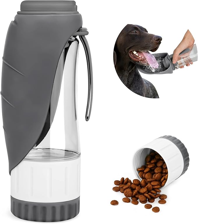 TIOVERY Upgraded Dog Water Bottle, Portable Dog Cat Puppy Pet Water Dispenser Feeder with Drinking Cup and Food Container Leak Proof for Outdoor Walking, Travel, Hiking 12OZ Grey
