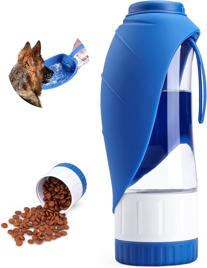 TIOVERY Dog Water Bottle, Pet Water Bottle with Food Container, Portable Dog Drinking Bottle Cup Dispenser for Outdoor Walking, Hiking, Travel Large Blue