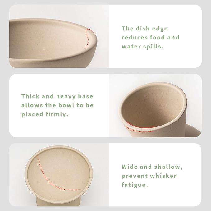 2 Elevated Cat Bowls Extra Wide for Food & Water – Whisker Fatigue, Ceramic Wide Shallow Food Dish, Lead & Cadmium Free, Raised Height for Cats, Pottery Clay