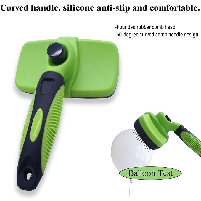 Self Cleaning Slicker Brush - Pet Hair Removal Tool for Long Short Hair grooming: Soft Rubber Tips Gentle on Sensitive Skin Cat Dog brush Specifically for Indoor pet hair removal glove (green)