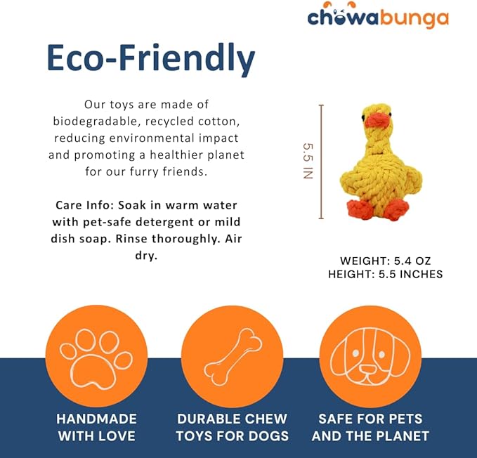Sunny The Duck Dog Toy Yellow Duck Handmade Eco Cotton Rope Calming Dog Toy with Natural, Non-Toxic Dyes - Safe Toy for Dogs Small & Medium Breed