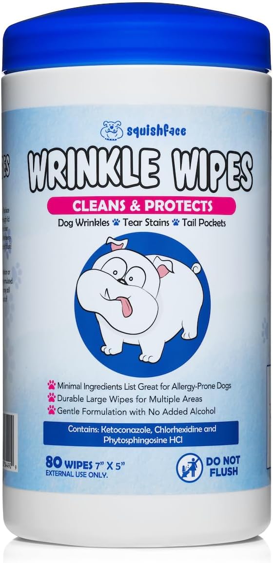 Squishface Wrinkle Wipes – 5”x7” Large Dog Wipes - Deodorizing, Tear Stain Remover – Great for English Bulldog, Pugs, Frenchie, Bulldogs, French Bulldogs & Any Breed! (80 Count) (Pack of 2)