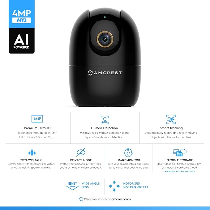 Amcrest 4MP WiFi Camera Indoor, Dog Camera, Sound & Baby Monitor, Human & Pet Detection, Motion-Tracking, w/ 2-Way Audio, Pan/Tilt Wireless IP Camera, Night Vision, Smart Home ASH41-B