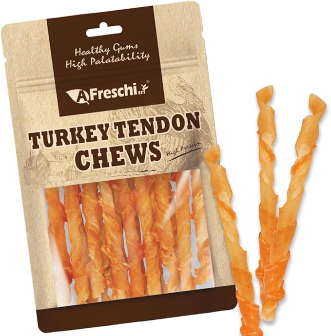 AFreschi Turkey Tendons for Dogs, USA-Sourced, Healthy Dog Treats, Rawhide-Free Puppy Chews, Long Lasting, All Natural, Hypoallergenic Dog Treats, Classic Series, Coil (L), 3 oz Pack