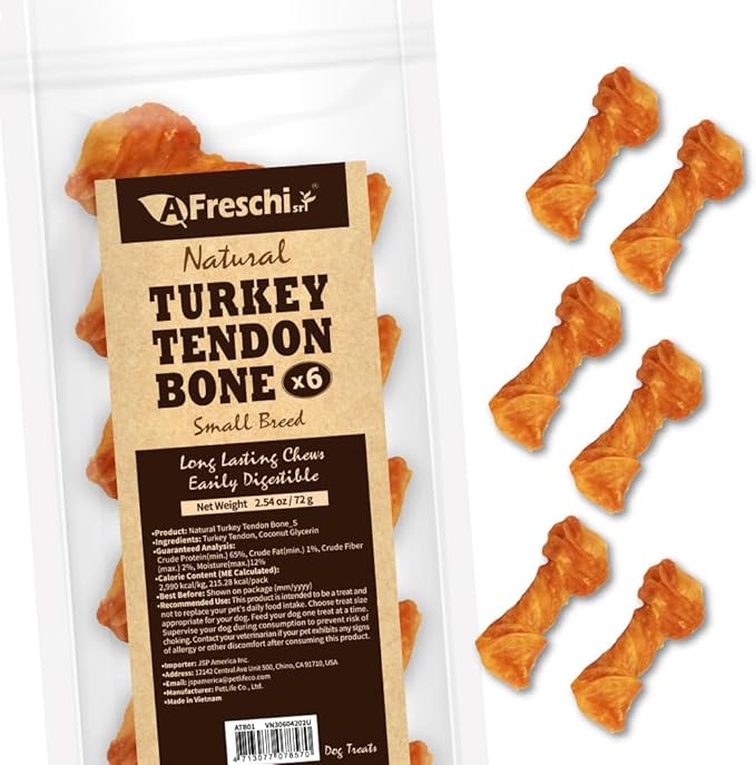 A Freschi srl Turkey Tendons for Dogs, USA-Sourced, Healthy Dog Treats, Rawhide-Free Puppy Chews, Long Lasting, All Natural, Hypoallergenic Dog Treats for Small Breeds, 6 Count Pack Bone (S)