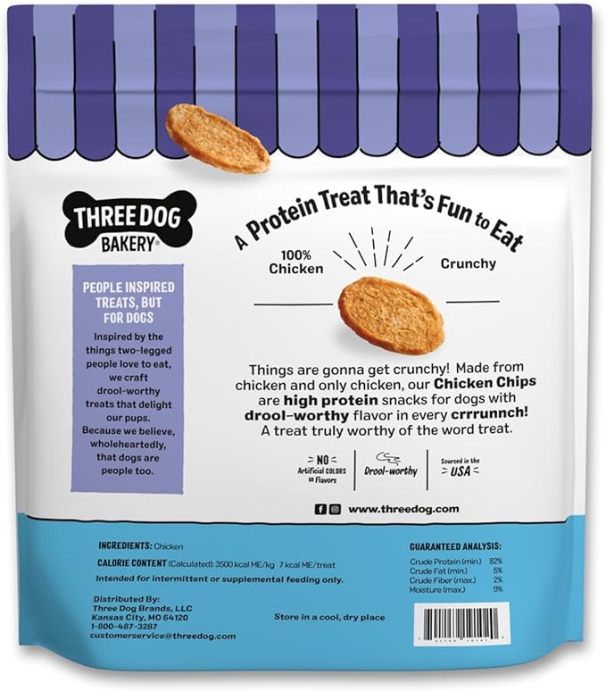 Three Dog Bakery Bark’N Crunch! Chicken Chips, Crunchy Treats for Dogs, Single Ingredient, High Protein Snacks, No Artificial Flavors or Colors, Made in The USA, 15 oz