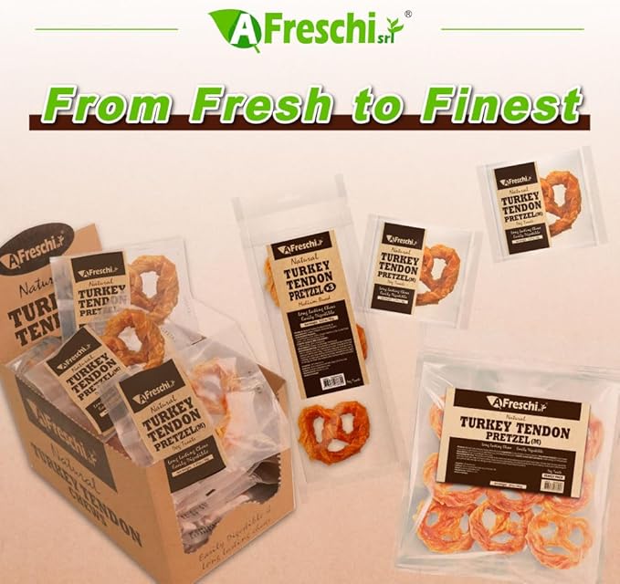 AFreschi Turkey Tendons for Dogs, USA-Sourced, Healthy Dog Treats, Rawhide-Free Puppy Chews, Long Lasting, All Natural, Hypoallergenic Dog Treats for Medium Breeds, 2 Count Pack Pretzel (M)