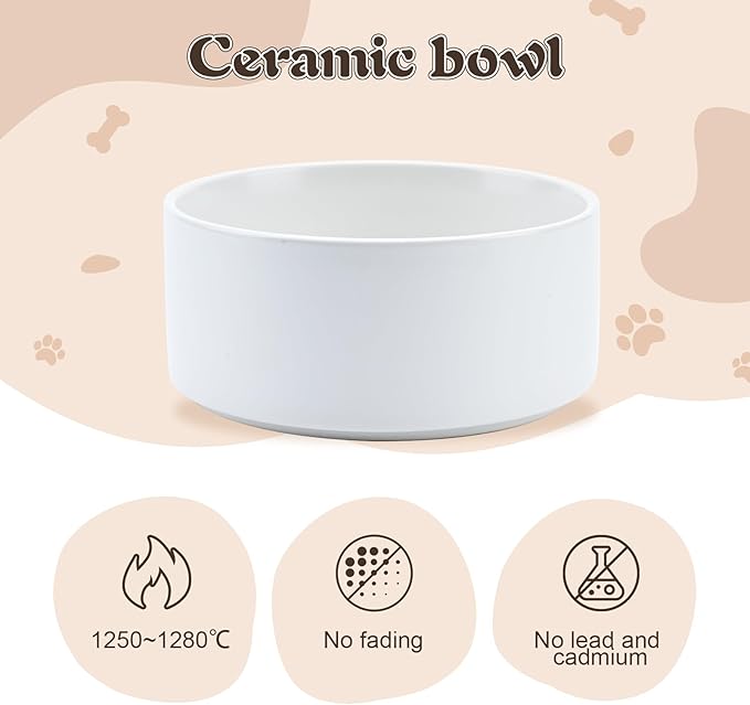 SPUNKYJUNKY Raised Ceramic Dog Bowls Set with Non-Slip Acacia Wood Stand for Medium Sized Dog(42.27 OZ, White)