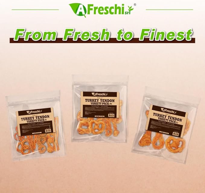 AFreschi Turkey Tendons for Dogs, USA-Sourced, Healthy Dog Treats, Rawhide-Free Puppy Chews, Long Lasting, All Natural, Hypoallergenic Dog Treats for Large Breeds, 10 oz Pack Variety (L)
