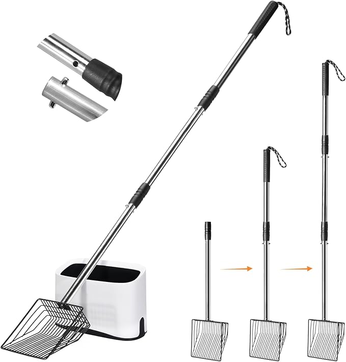 Metal Cat Litter Scoop with Holder, 43" Extendable Long Handle Cat Scooper for Litter Box, Solid & Durable, Deep Shovel for Fast Sifting, Large Pet Pooper Scooper for Kitty/Outside Dog Poop