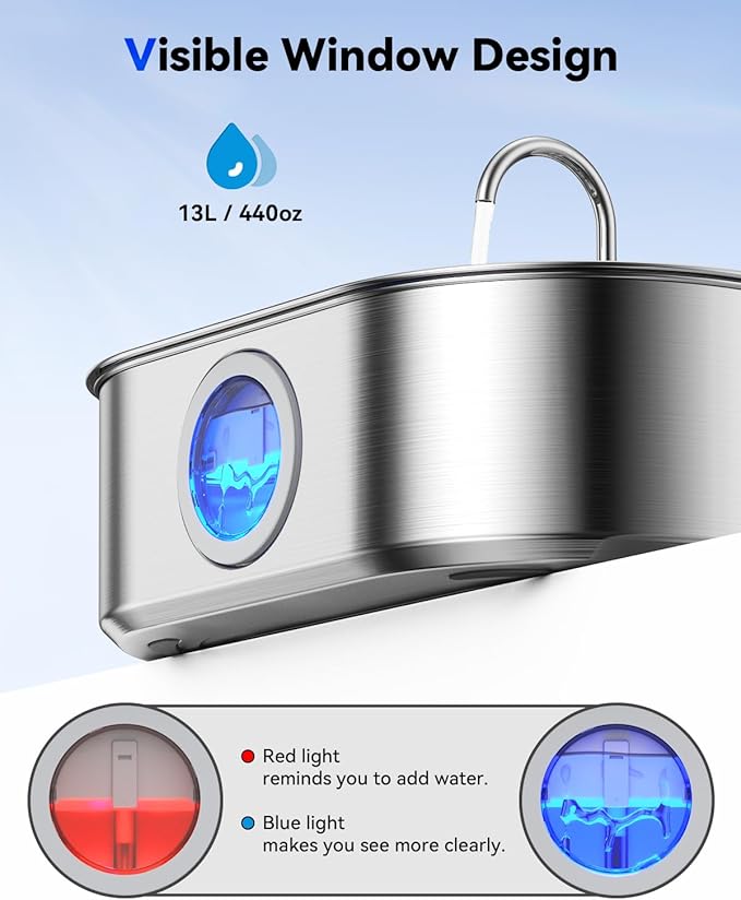 3.4Gal Dog Water Fountain for Large Dogs, 13L Stainless Steel Large Pet Fountain with Deeper & Wider Drinking Area, Automatic Dog Water Bowl Dispenser with Water Window (with 3 Filters)