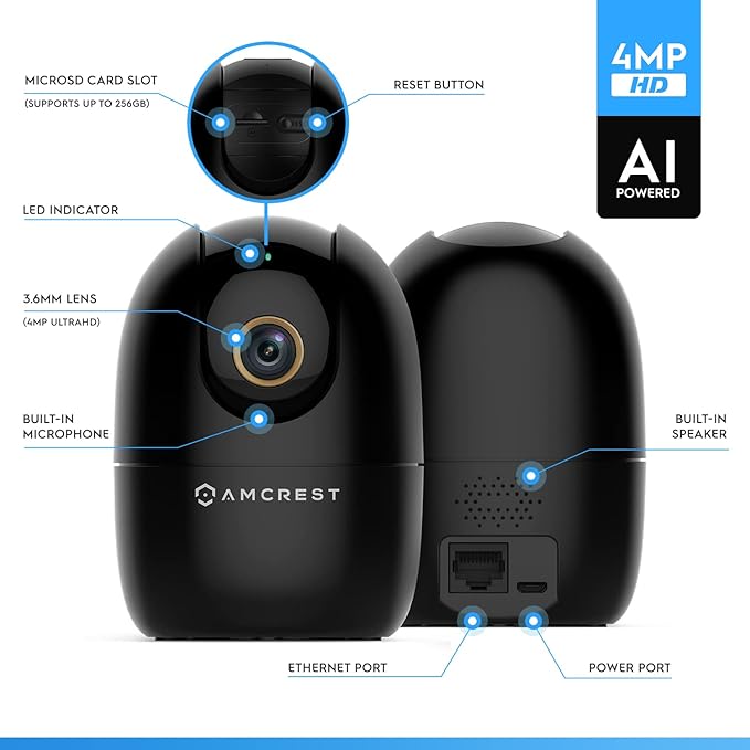 Amcrest 4MP WiFi Camera Indoor, Dog Camera, Sound & Baby Monitor, Human & Pet Detection, Motion-Tracking, w/ 2-Way Audio, Pan/Tilt Wireless IP Camera, Night Vision, Smart Home ASH41-B