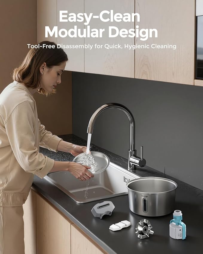 Cat Water Fountain Stainless Steel 3.2L/108oz, Invengo Automatic Pet Fountain for Cats & Dogs, Ultra Quiet <25 dB Pump, Includes 6 Replacement Filters & Sponges, LED Water Level Window, Easy to Clean