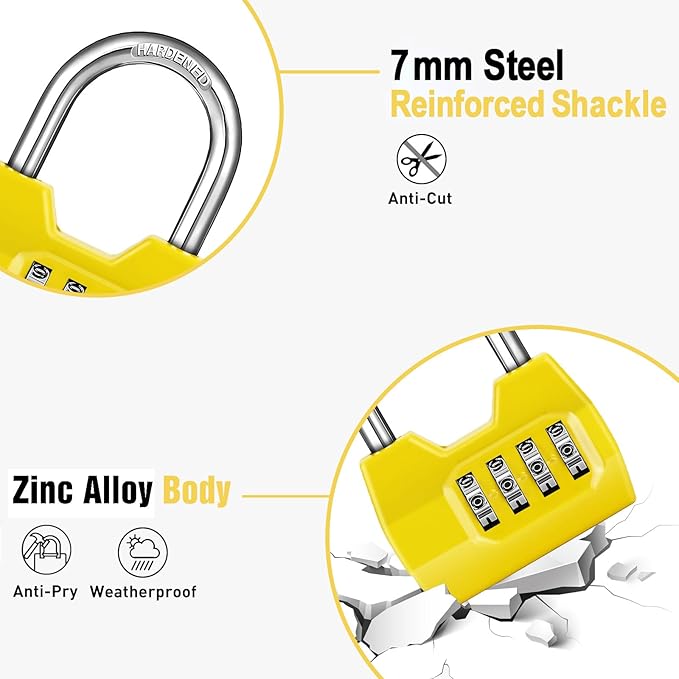 1 Pack disecu 4-Digit Combination Lock, Waterproof Outdoor Padlock for School Gym Locker, Fence, Gate, Shed, Storage Unit (Yellow)