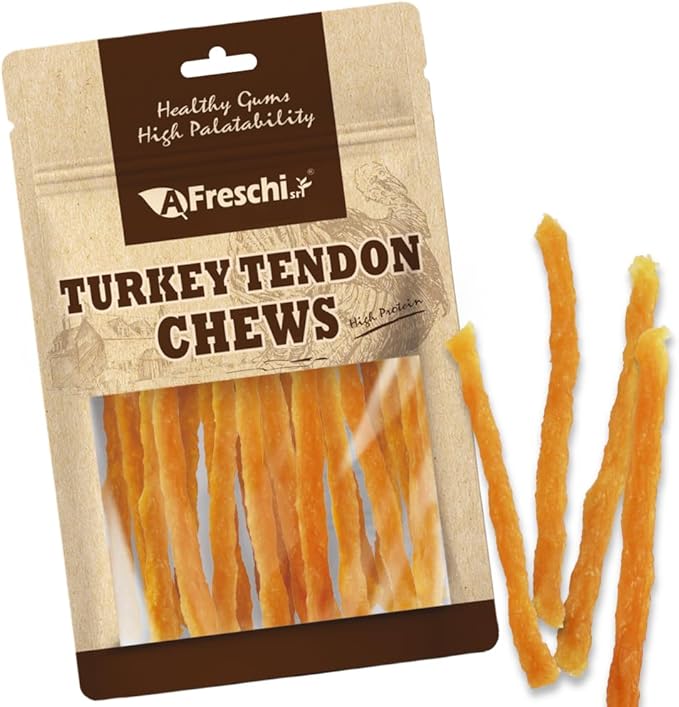 AFreschi Turkey Tendons for Dogs, USA-Sourced, Healthy Dog Treats, Rawhide-Free Puppy Chews, All Natural, Hypoallergenic Dog Treats, Classic Series, Soft Strips, 3.5 oz Pack
