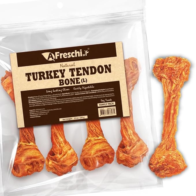 A Freschi srl Turkey Tendons for Dogs, Long-Lasting, Hypoallergenic Rawhide Alternative, Human Grade, Healthy Puppy Chews, Natural Dog Treats for Large Dogs, Bone (L), 4 Count Pack