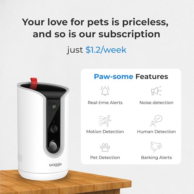 WaggleCam 2K Pet Camera and Treat Dispenser with 360° AI Tracking, 2-Way Audio, Motion Alerts, Night Vision, Dual-Band WiFi (2.4 GHz or 5 GHz) – Indoor Use