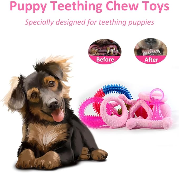 Beiker 20 Pack Pink Puppy Chew Toys - Dog Teething Toys for Puppies, Puppy Toys Toothbrush with Ropes, Soft Dogs Toy Bundle for Small Dogs, Cute Interactive Dog Balls for Chewers