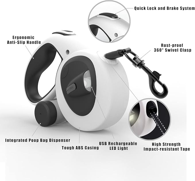 HCY&WLD Upgrade 4-in-1 Retractable Dog Leash with LED Light & Dispenser & Poop Bags, 16 ft Heavy Duty Dog Leash with Anti-Slip Handle for Dogs up to 66 lbs, 360° Tangle-Free, One Button Brake & Lock