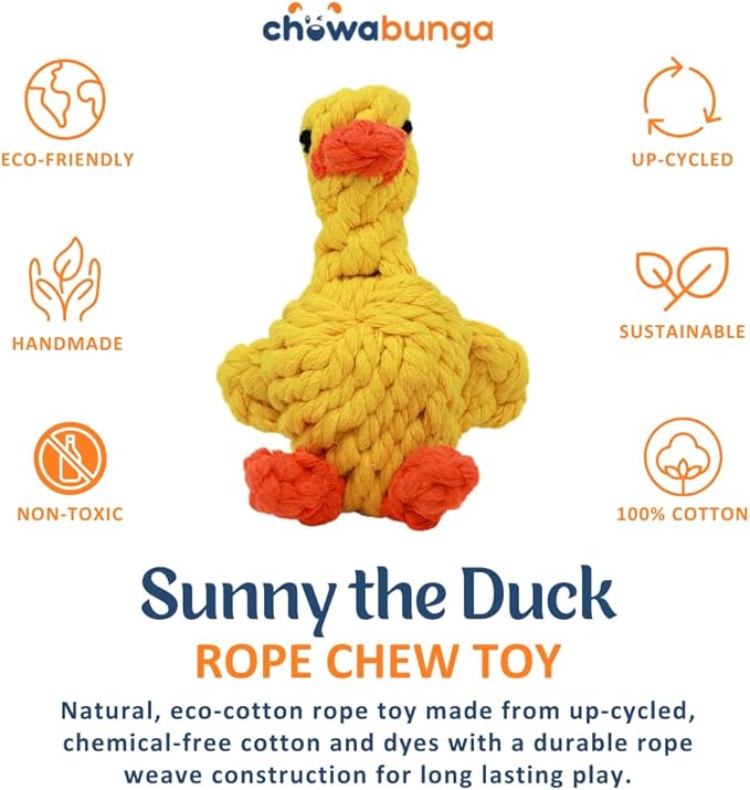 Sunny The Duck Dog Toy Yellow Duck Handmade Eco Cotton Rope Calming Dog Toy with Natural, Non-Toxic Dyes - Safe Toy for Dogs Small & Medium Breed