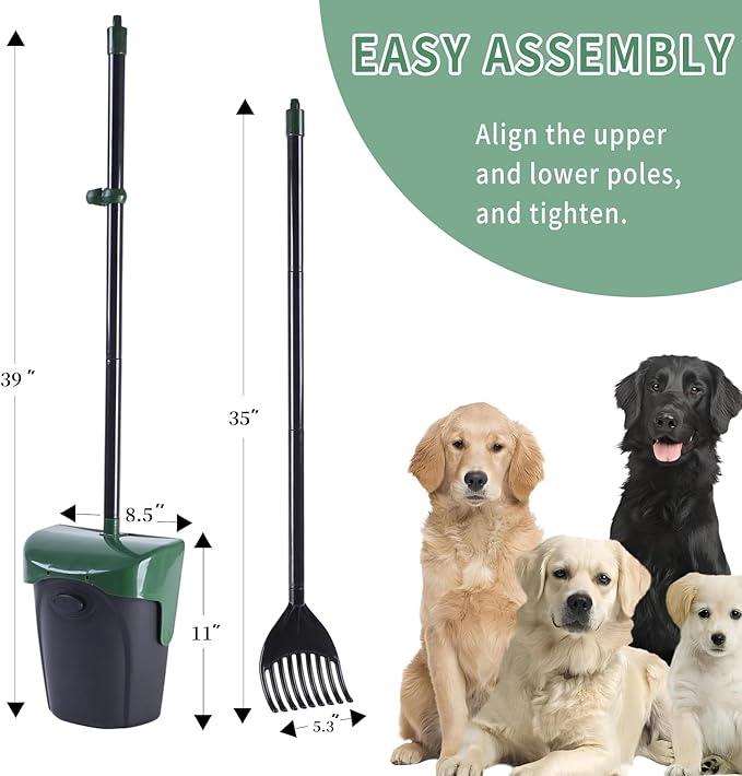 Pooper Scooper Large Swivel Bin & Rake with 160 Waste Bags,Heavy Duty Dog Pooper Scooper with Bag Attachment for Dogs, Long Handle Poop Scooper with Lid for Yard, Grass, Gravel(Dark Green)
