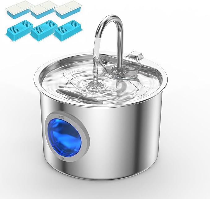Cat Water Fountain Advanced 304 Stainless Steel 2.2L/74oz with Detachable Tank, Easy to Clean, Automatic Pet Fountain Quiet Cats Water Dispenser, Dogs (74oz Cat Fountain + 6 Filters)
