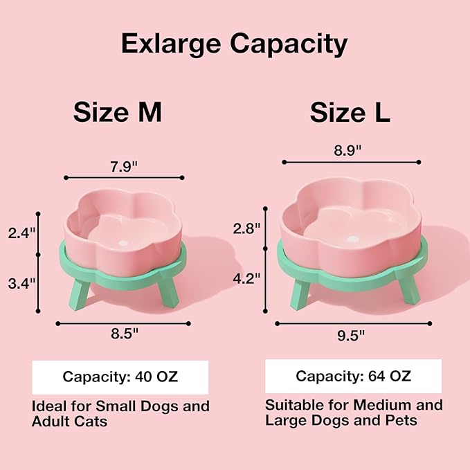 VETRESKA Elevated Dog Bowls Large, 64OZ Ceramic Raised Dog Bowl with Bamboo Stand, Flower-Shaped Food Water Bowl, Pet Feeding Dish Bowls for Medium/Large Dogs and Cats