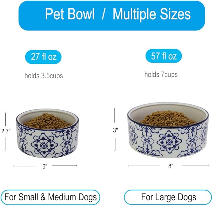 Vintage Blue & White Ceramic Large Dog Bowl - 8'' Dog Food Water Bowl for Medium and Large Dogs Breed, Heavy Duty Non-Slip Dish, Modern Pet Feeder Bowl, Dishwasher Safe-57 fl OZ