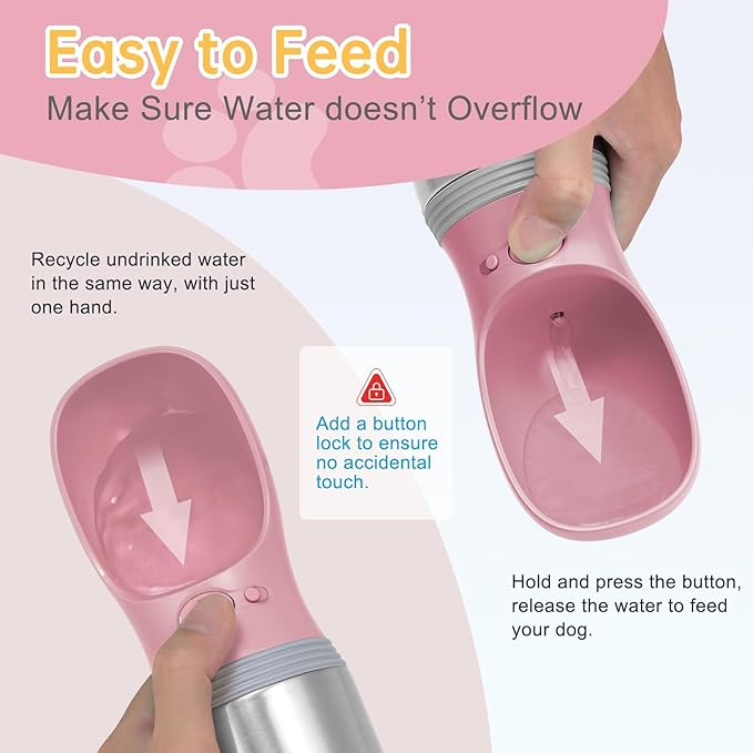 Portable Dog Water Bottle, 14 OZ, Stainless Steel Leak Proof Puppy Water Dispenser with Drinking Feeder for Pets Travel, Walking, Hiking and Outdoor Activities
