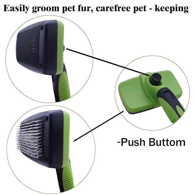 Self Cleaning Slicker Brush - Pet Hair Removal Tool for Long Short Hair grooming: Soft Rubber Tips Gentle on Sensitive Skin Cat Dog brush Specifically for Indoor pet hair removal glove (green)