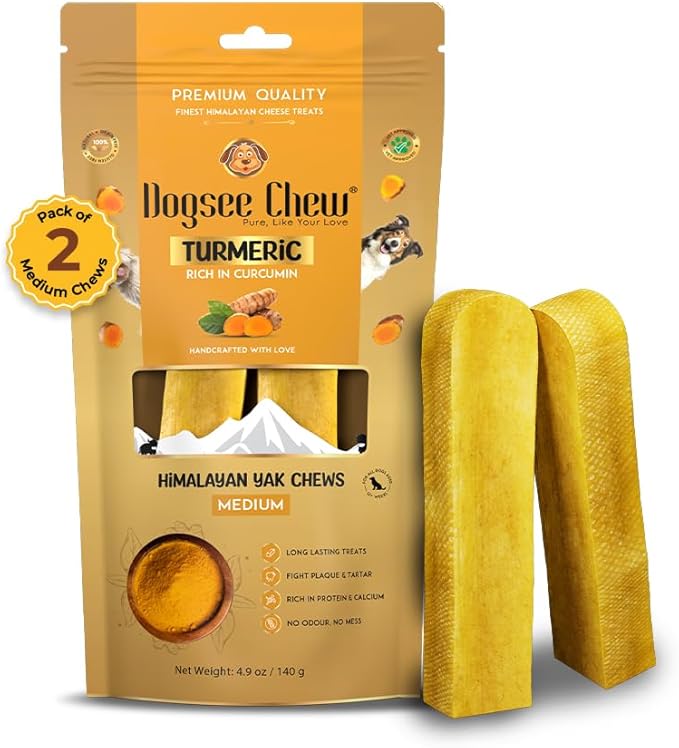 Dogsee Himalayan Yak Cheese Dog Chews with Turmeric/Curcumin (Medium - 2 Chews) | All Natural Long Lasting | Anti-inflammatory | Odorless High Protein Chew | Dog Treats for Active Chewers
