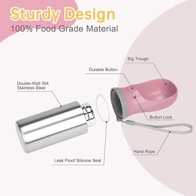 Portable Dog Water Bottle, 14 OZ, Stainless Steel Leak Proof Puppy Water Dispenser with Drinking Feeder for Pets Travel, Walking, Hiking and Outdoor Activities