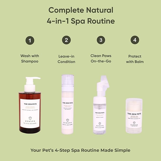ZenSpa 4-in-1 Natural Pet Care Kit, Hypoallergenic Dog Shampoo, Leave-in Conditioner, Rinse-Free Paw Cleanser, Nose and Paw Balm, Gentle Spa Routine for Sensitive Skin