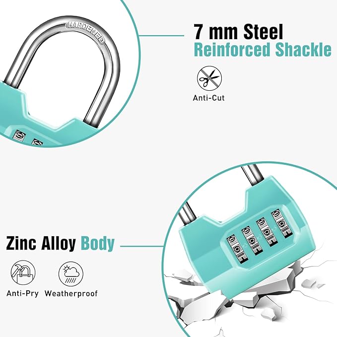 1 Pack disecu 4-Digit Combination Lock, Waterproof Outdoor Padlock for School Gym Locker, Fence, Gate, Shed, Storage Unit (Turquoise)